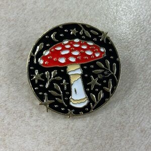 Red Mushroom whimsical Pin red and white toadstool, stars, and crescent moons.